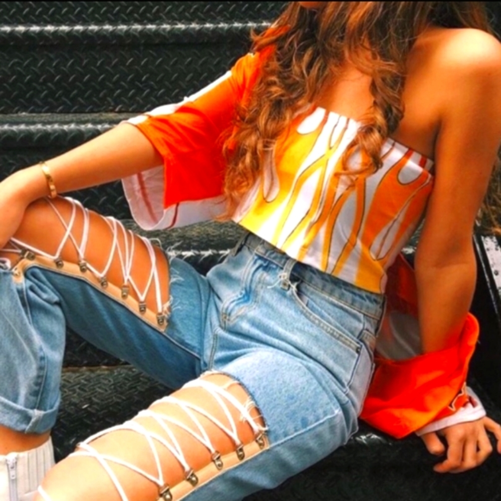 Carmar Hermia Lace Up High Rise Medium Wash Corset Cut Out Unique Sexy Jeans